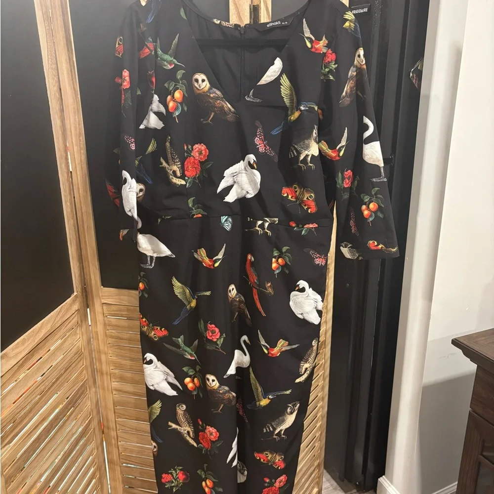 eShakti Black dress with Floral Accents and birds and butterflies. - Picture 2 of 8